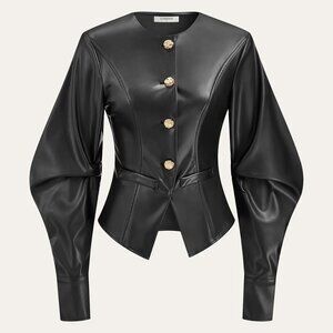 Commense Metal Button Puffed Sleeve PU Leather Jacket NWT, Size L